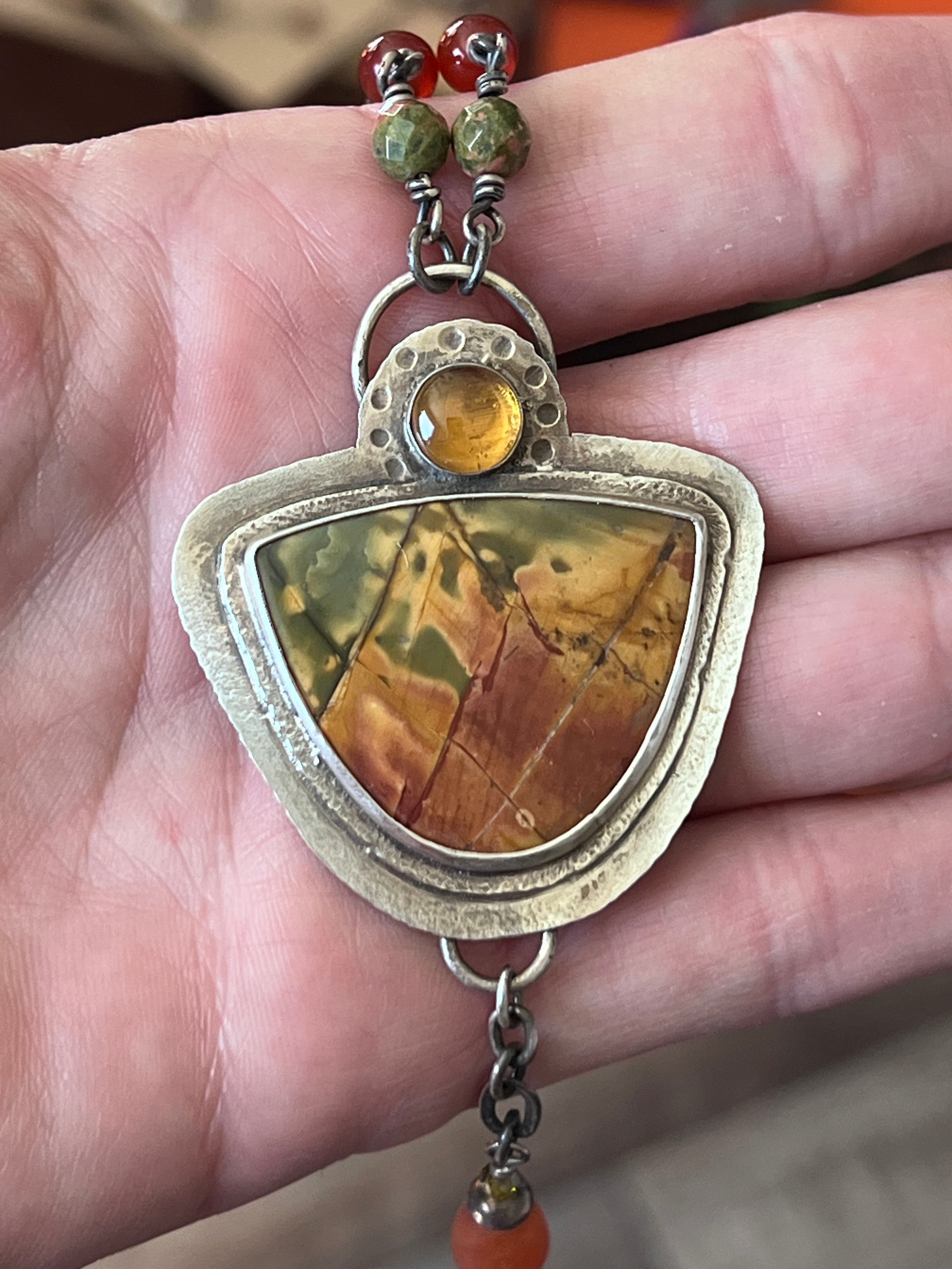 Tularosa Rosary Style Sterling Silver, Red Creek Jasper and Citrine Sunset Necklace