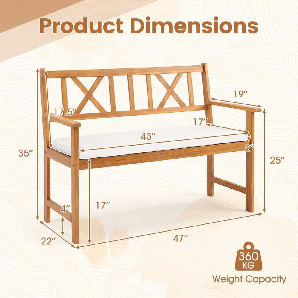2-Person Acacia Wood Garden Bench with Removable Cushion