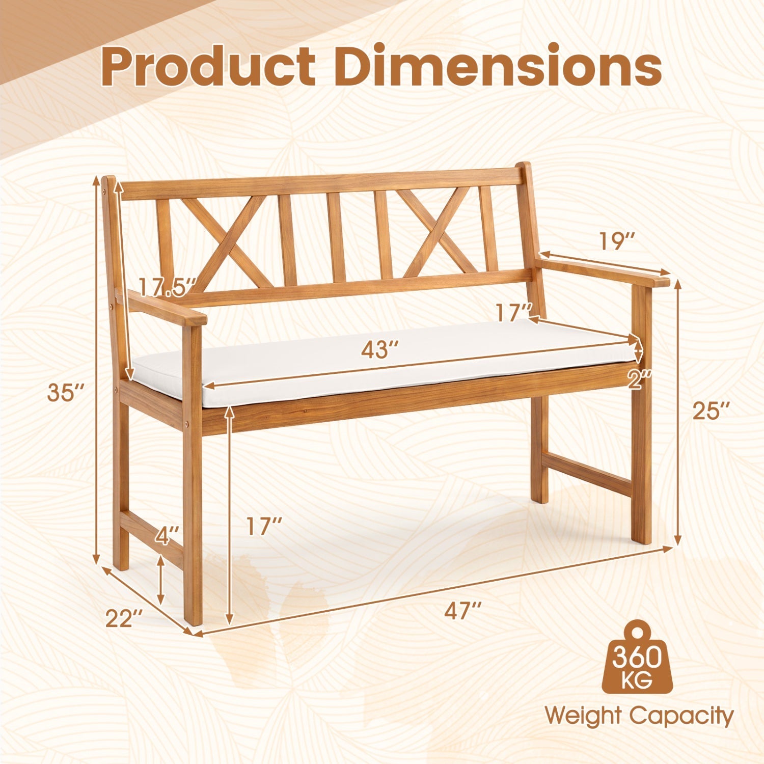 2-Person Acacia Wood Garden Bench with Removable Cushion