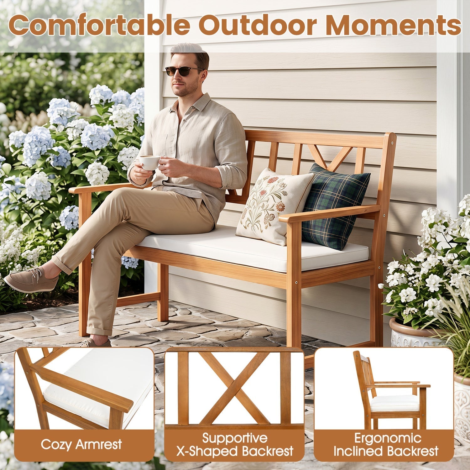 2-Person Acacia Wood Garden Bench with Removable Cushion