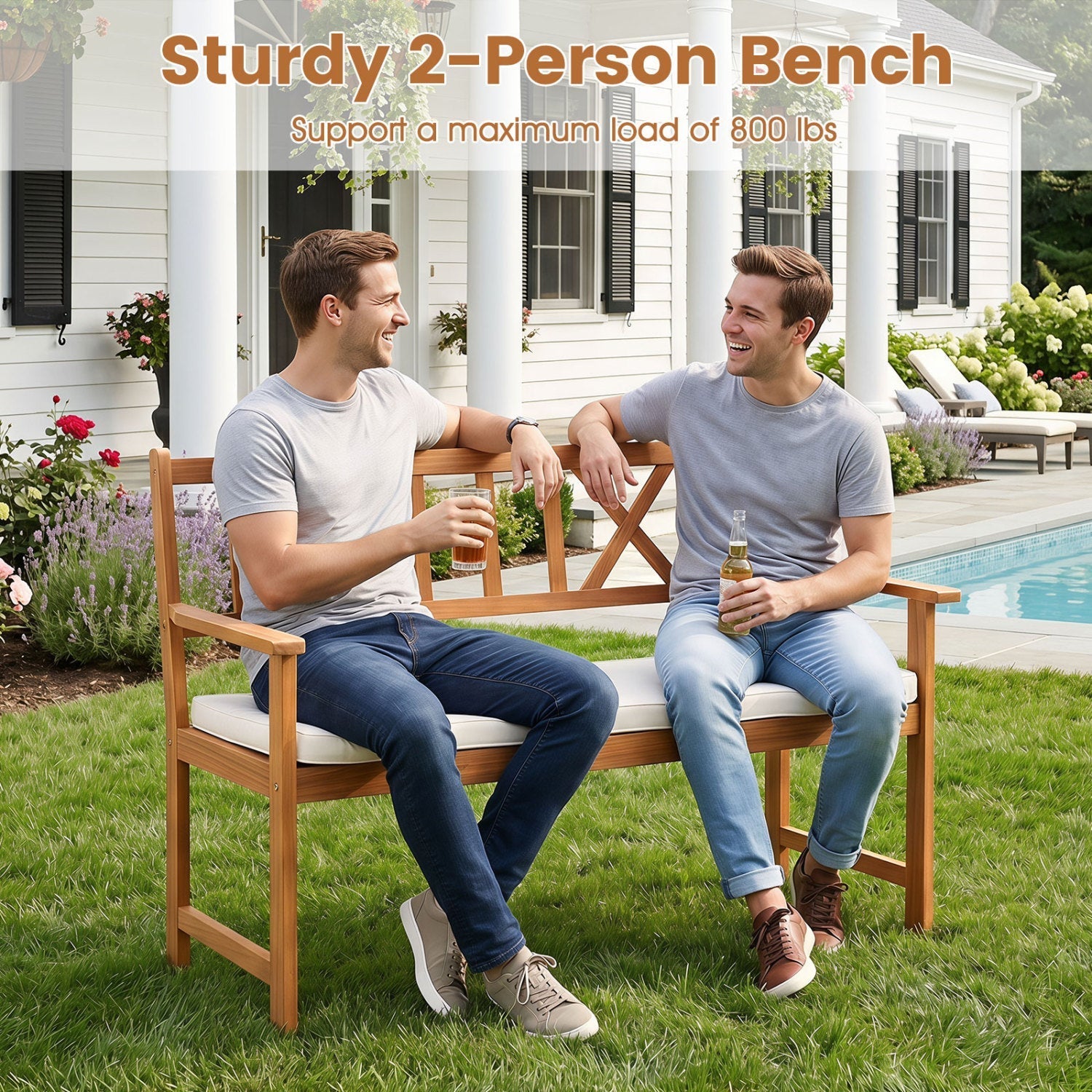 2-Person Acacia Wood Garden Bench with Removable Cushion