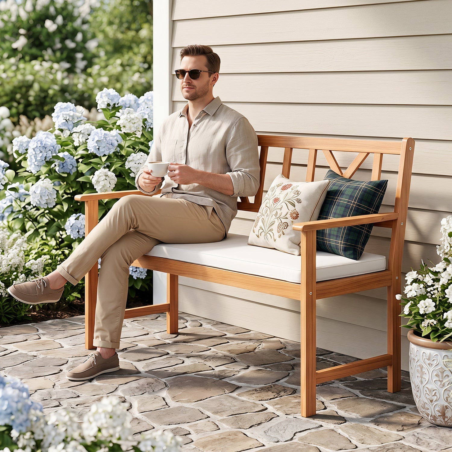 2-Person Acacia Wood Garden Bench with Removable Cushion