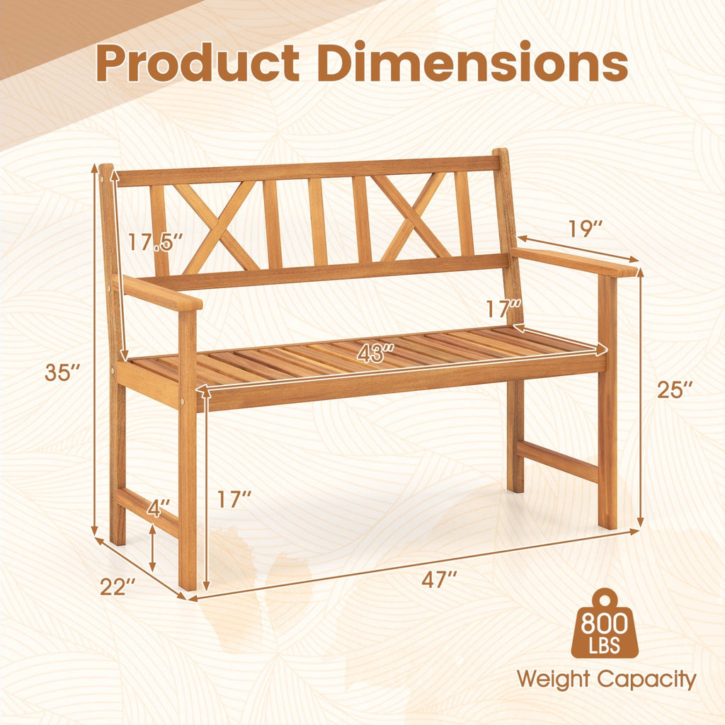 2-Person Acacia Wood Garden Bench with X-Shaped Backrest