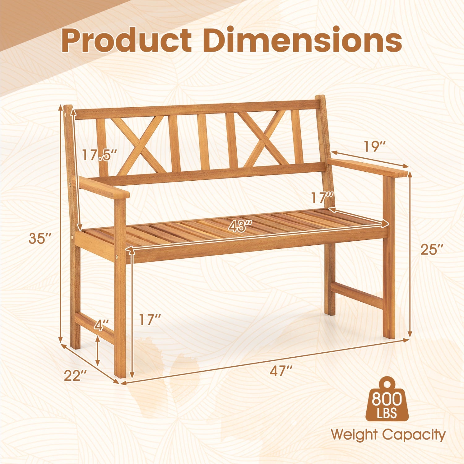 2-Person Acacia Wood Garden Bench with X-Shaped Backrest