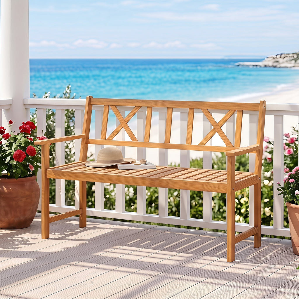 2-Person Acacia Wood Garden Bench with X-Shaped Backrest