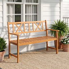 2-Person Acacia Wood Garden Bench with X-Shaped Backrest