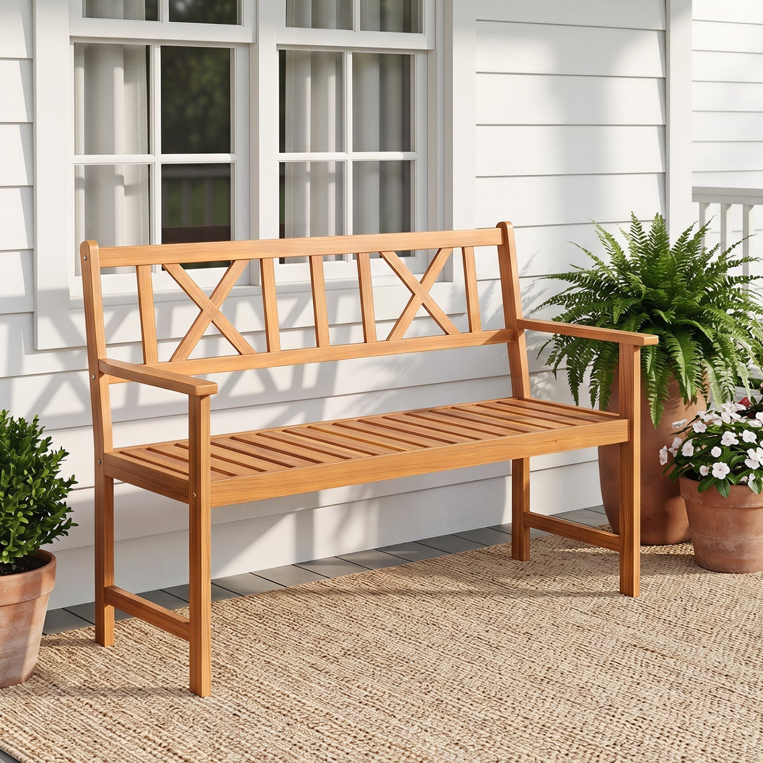 2-Person Acacia Wood Garden Bench with X-Shaped Backrest