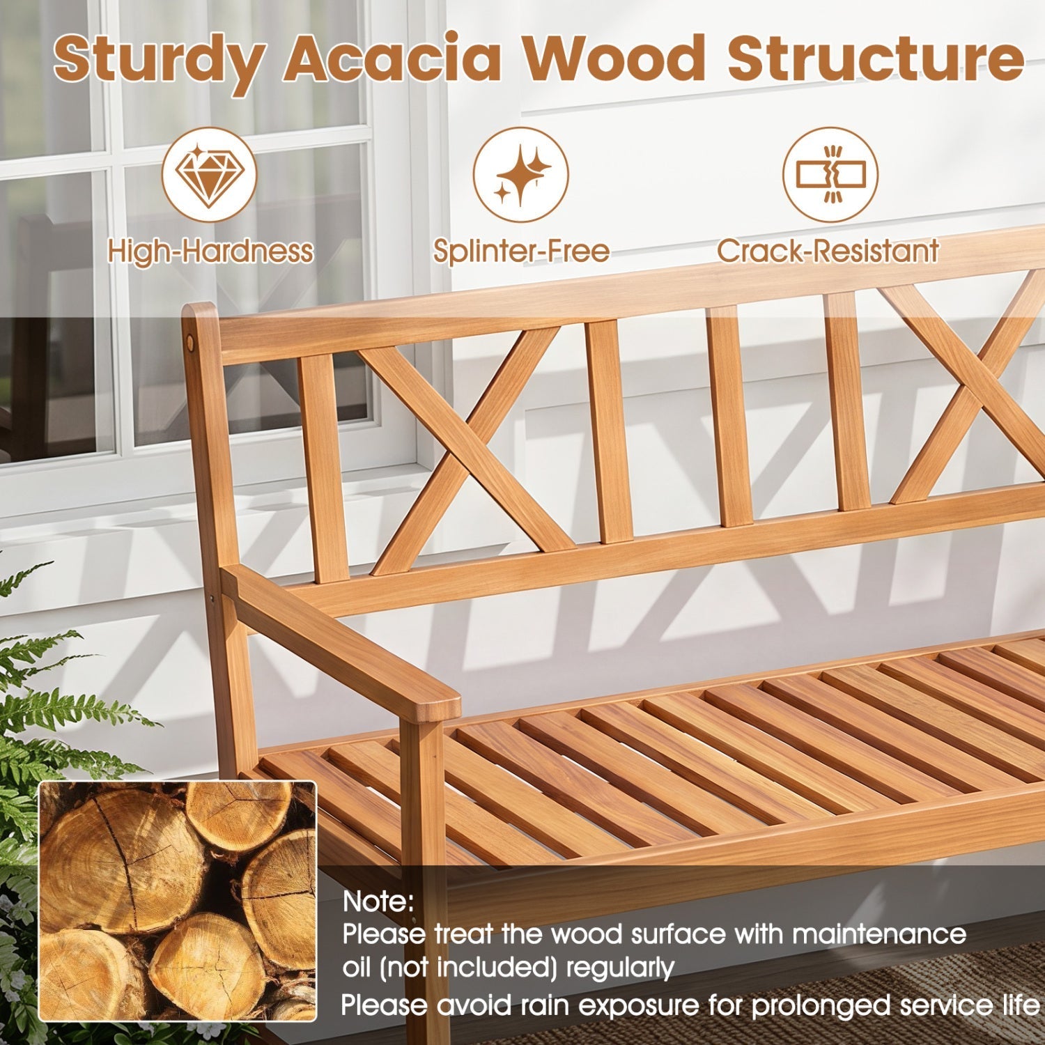 2-Person Acacia Wood Garden Bench with X-Shaped Backrest