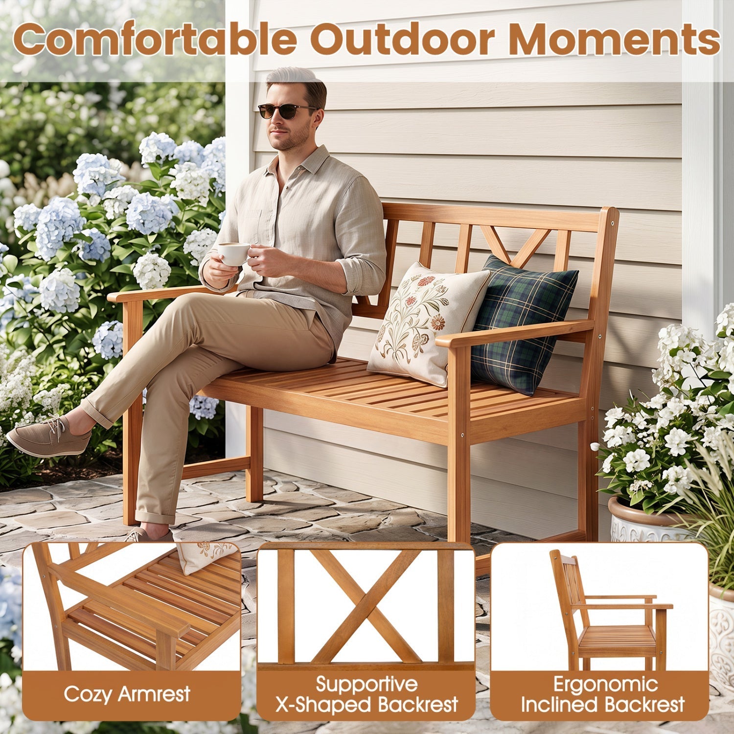 2-Person Acacia Wood Garden Bench with X-Shaped Backrest