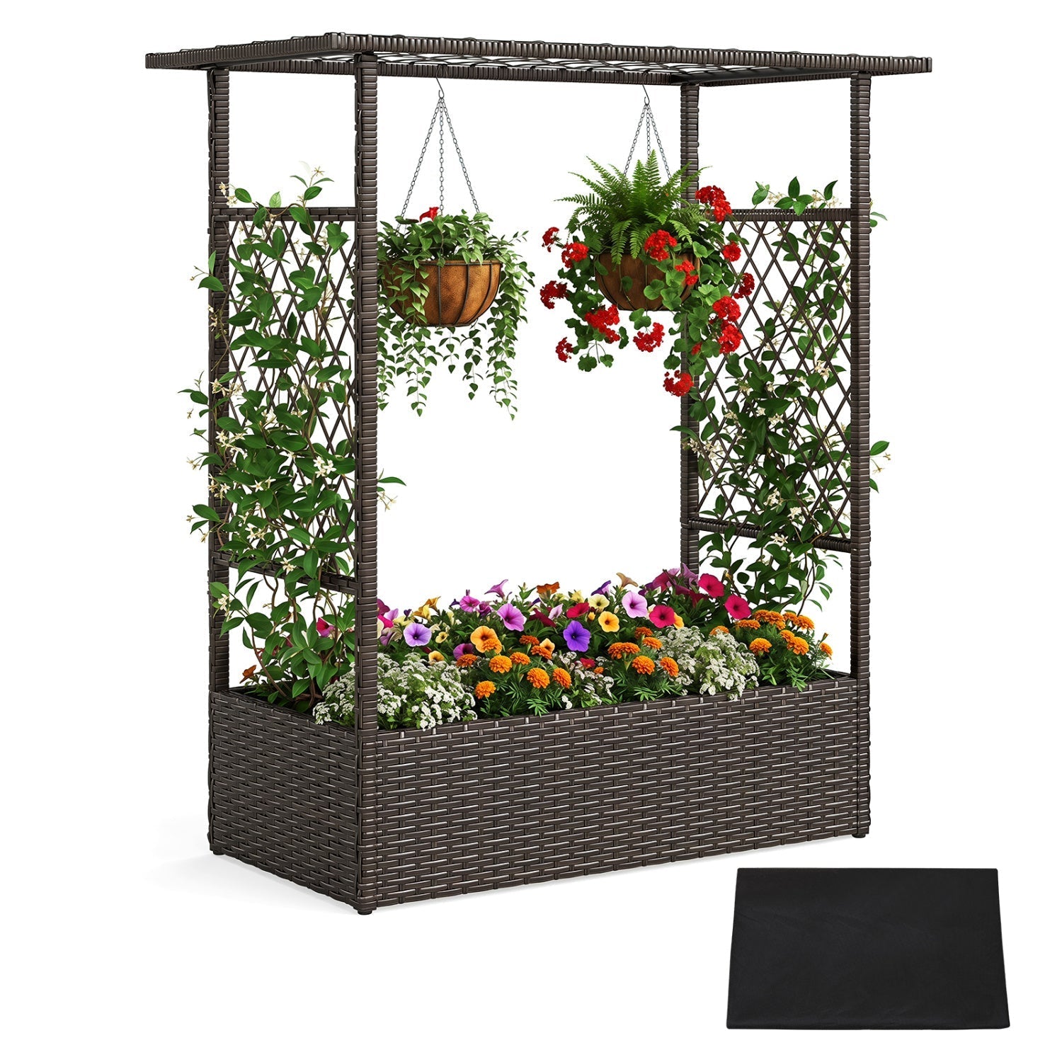 Raised Garden Bed with Hanging Roof and Trellises