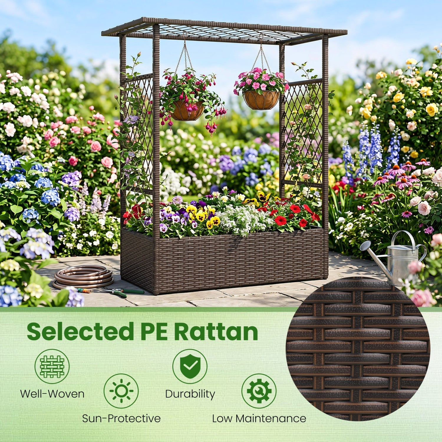 Raised Garden Bed with Hanging Roof and Trellises