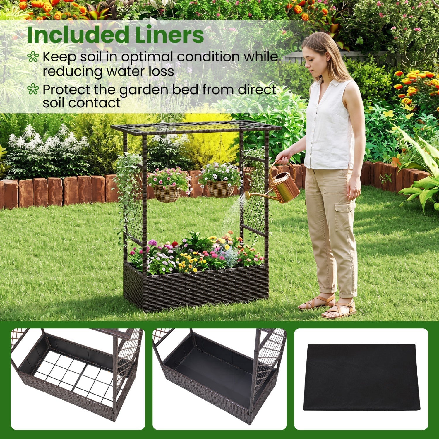 Raised Garden Bed with Hanging Roof and Trellises