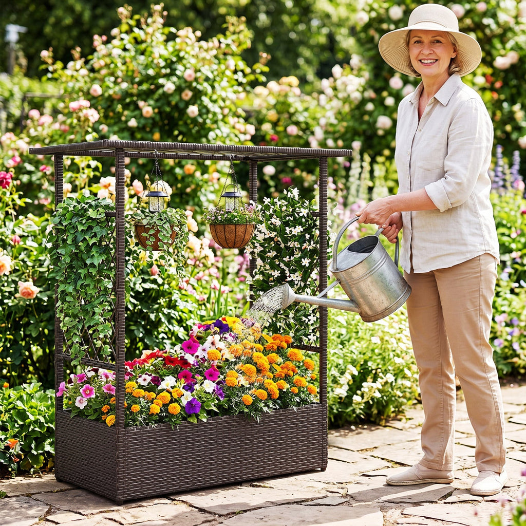 Raised Garden Bed with Hanging Roof and Trellises