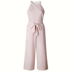 Women's Striped Halter Neck Jumpsuit with Self-Tie Belt & Wide-Leg Crop