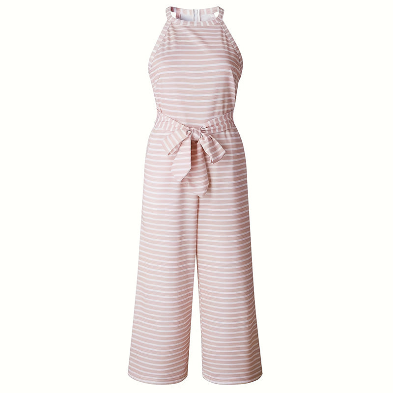 Women's Striped Halter Neck Jumpsuit with Self-Tie Belt & Wide-Leg Crop