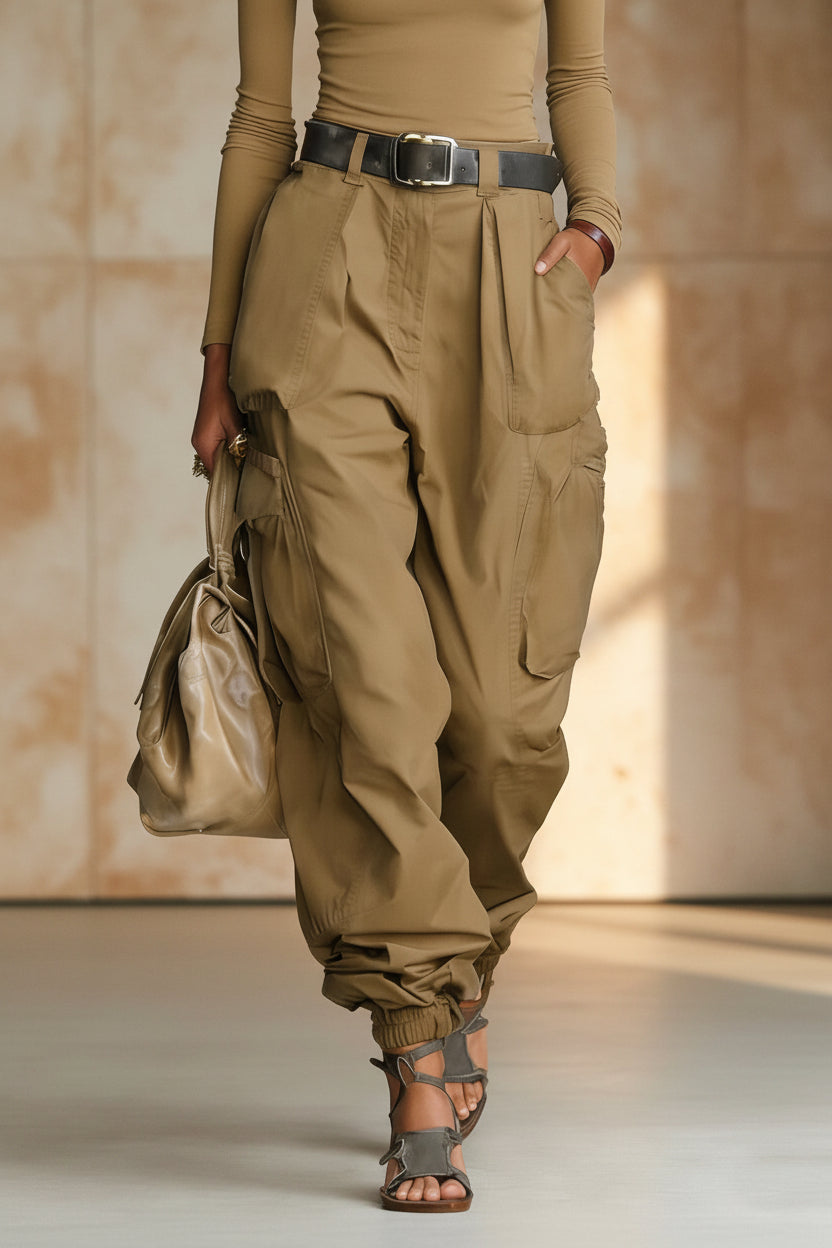 Women's High-Waist Cargo Parachute Pants with Elastic Ankle Cuffs