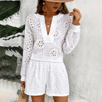 Women's Eyelet Embroidery V-Neck Long Sleeve Top & Shorts Two-Piece Set
