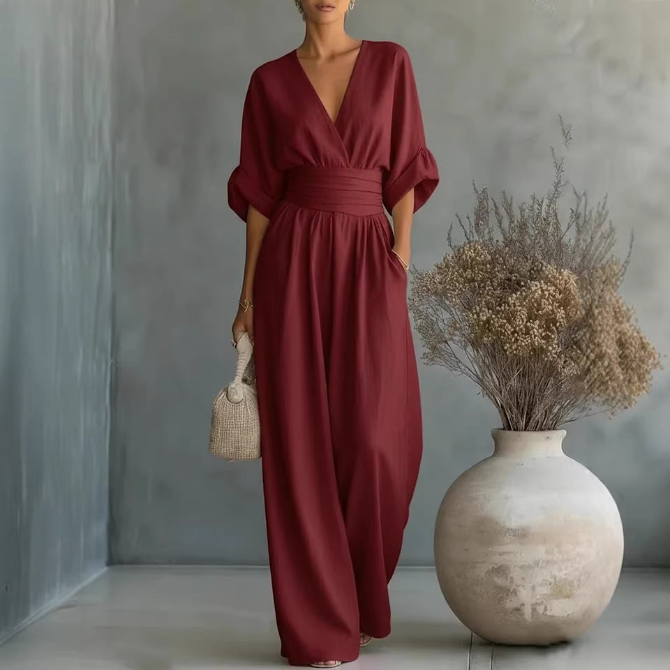 Women's V-Neck Wide-Leg Jumpsuit – High Waist Pleated Elegant