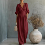 Women's V-Neck Wide-Leg Jumpsuit – High Waist Pleated Elegant