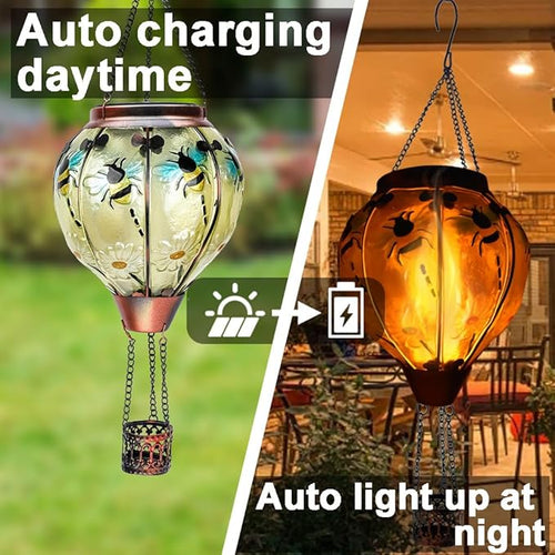 2PC Hot Air Balloon Solar Lantern with 2PC Shepherd Hook, Flickering Flame Hanging Solar Lanterns Outdoor Lights Waterproof Lanterns Decorative Garden Patio Yard Party Decor (Bees) - Che Cose Belle