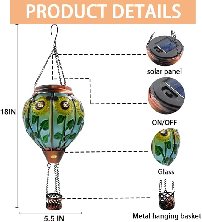 2PC Hot Air Balloon Solar Lantern with 2PC Shepherd Hook, Flickering Flame Hanging Solar Lanterns Outdoor Lights Waterproof Lanterns Decorative Garden Patio Yard Party Decor (Sunflower) - Che Cose Belle