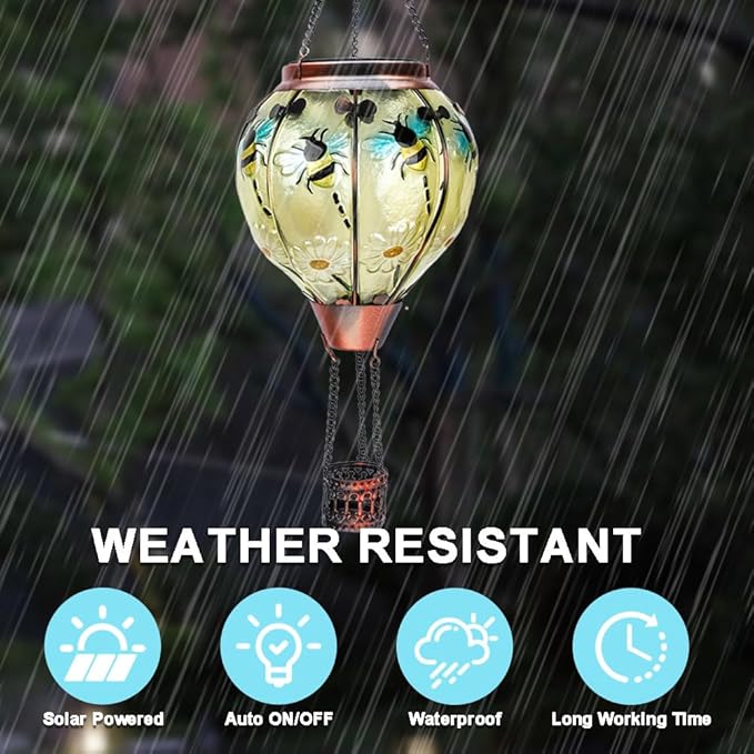 2PC Hot Air Balloon Solar Lantern with 2PC Shepherd Hook, Flickering Flame Hanging Solar Lanterns Outdoor Lights Waterproof Lanterns Decorative Garden Patio Yard Party Decor (Bees) - Che Cose Belle