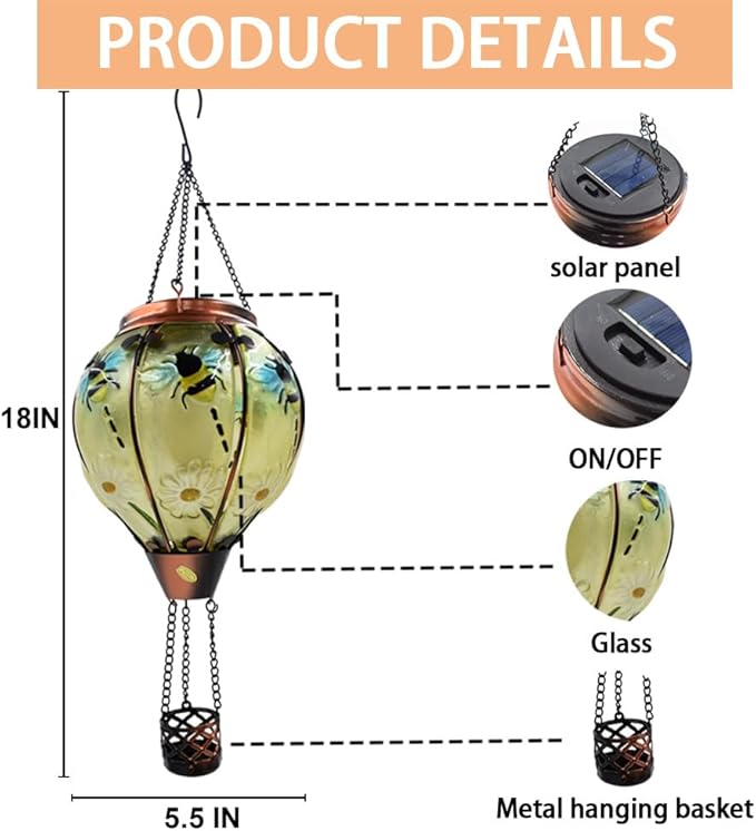 2PC Hot Air Balloon Solar Lantern with 2PC Shepherd Hook, Flickering Flame Hanging Solar Lanterns Outdoor Lights Waterproof Lanterns Decorative Garden Patio Yard Party Decor (Bees) - Che Cose Belle