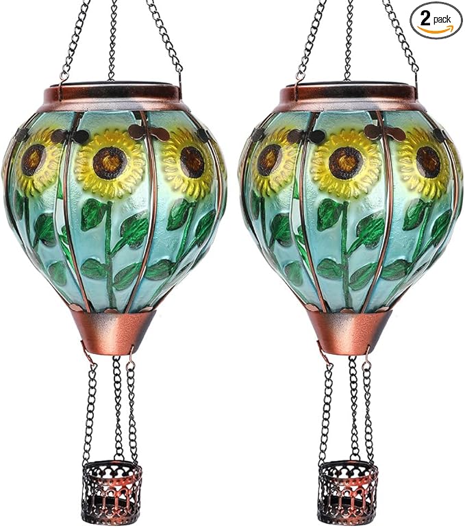 2PC Hot Air Balloon Solar Lantern with 2PC Shepherd Hook, Flickering Flame Hanging Solar Lanterns Outdoor Lights Waterproof Lanterns Decorative Garden Patio Yard Party Decor (Sunflower) - Che Cose Belle