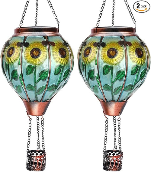 2PC Hot Air Balloon Solar Lantern with 2PC Shepherd Hook, Flickering Flame Hanging Solar Lanterns Outdoor Lights Waterproof Lanterns Decorative Garden Patio Yard Party Decor (Sunflower) - Che Cose Belle