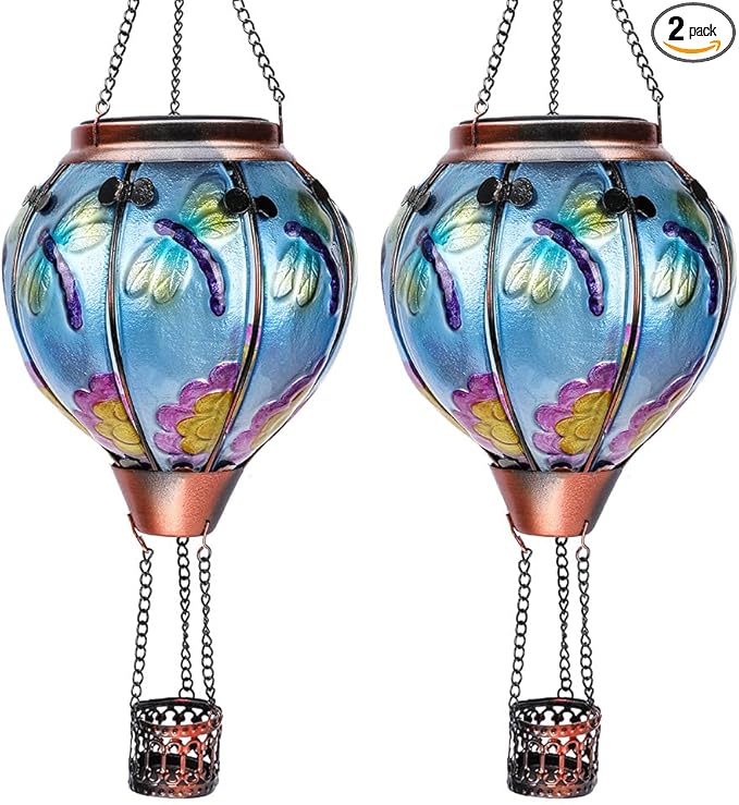 2PC Hot Air Balloon Solar Lantern with 2PC Shepherd Hook, Flickering Flame Hanging Solar Lanterns Outdoor Lights Waterproof Lanterns Decorative Garden Patio Yard Party Decor (Dragonfly) - Che Cose Belle