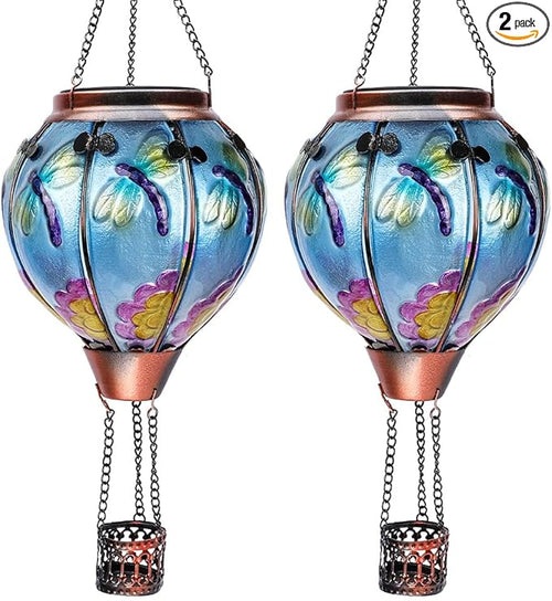 2PC Hot Air Balloon Solar Lantern with 2PC Shepherd Hook, Flickering Flame Hanging Solar Lanterns Outdoor Lights Waterproof Lanterns Decorative Garden Patio Yard Party Decor (Dragonfly) - Che Cose Belle