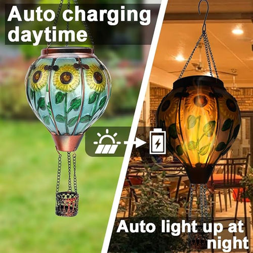 2PC Hot Air Balloon Solar Lantern with 2PC Shepherd Hook, Flickering Flame Hanging Solar Lanterns Outdoor Lights Waterproof Lanterns Decorative Garden Patio Yard Party Decor (Sunflower) - Che Cose Belle