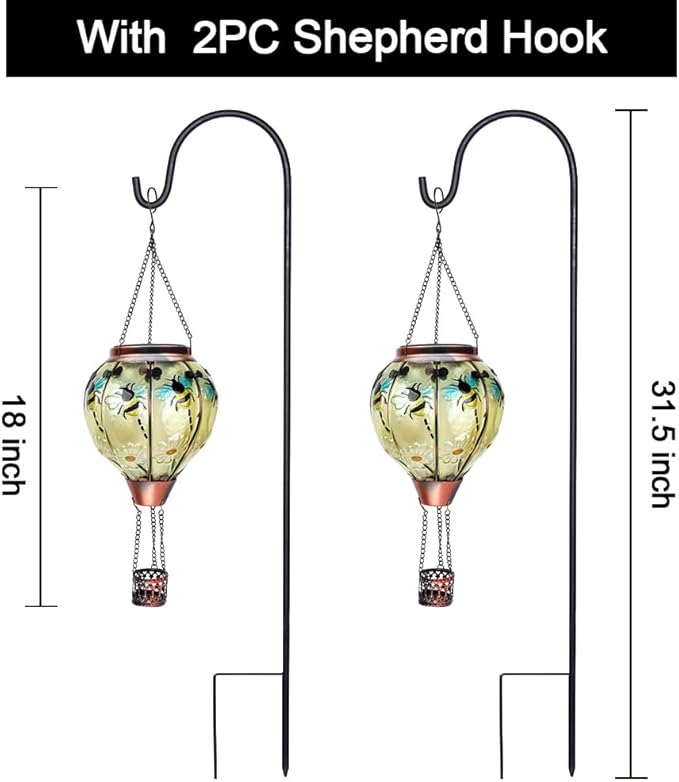 2PC Hot Air Balloon Solar Lantern with 2PC Shepherd Hook, Flickering Flame Hanging Solar Lanterns Outdoor Lights Waterproof Lanterns Decorative Garden Patio Yard Party Decor (Bees) - Che Cose Belle