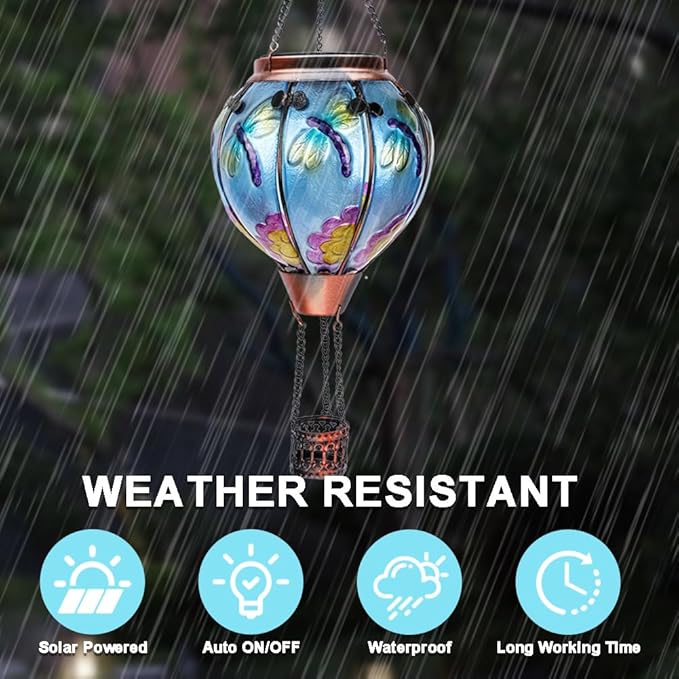2PC Hot Air Balloon Solar Lantern with 2PC Shepherd Hook, Flickering Flame Hanging Solar Lanterns Outdoor Lights Waterproof Lanterns Decorative Garden Patio Yard Party Decor (Dragonfly) - Che Cose Belle