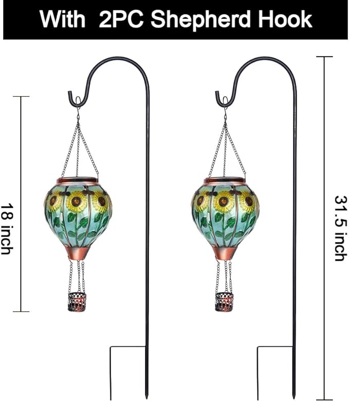 2PC Hot Air Balloon Solar Lantern with 2PC Shepherd Hook, Flickering Flame Hanging Solar Lanterns Outdoor Lights Waterproof Lanterns Decorative Garden Patio Yard Party Decor (Sunflower) - Che Cose Belle