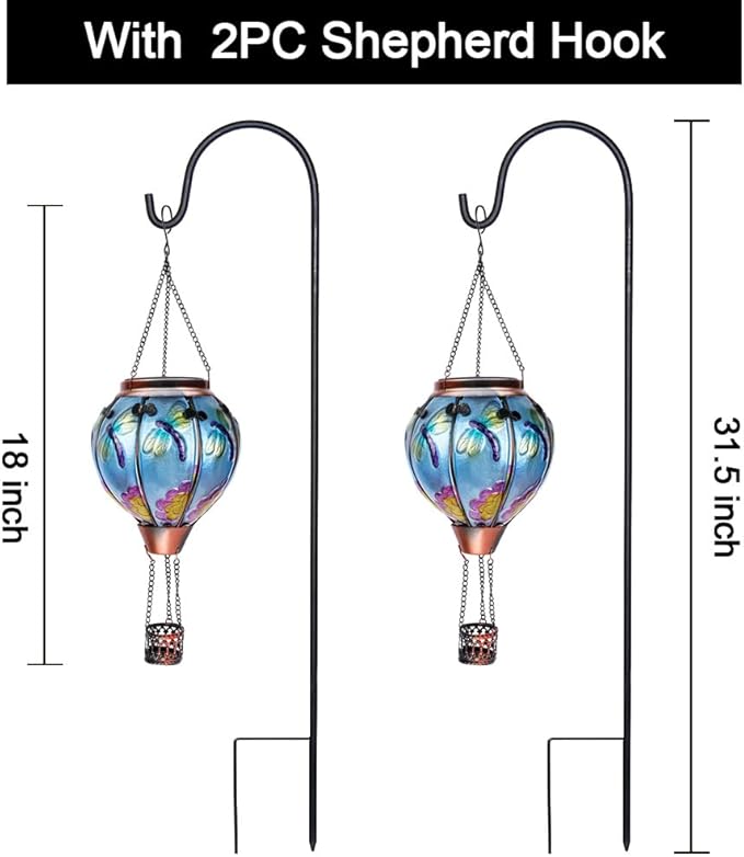 2PC Hot Air Balloon Solar Lantern with 2PC Shepherd Hook, Flickering Flame Hanging Solar Lanterns Outdoor Lights Waterproof Lanterns Decorative Garden Patio Yard Party Decor (Dragonfly) - Che Cose Belle