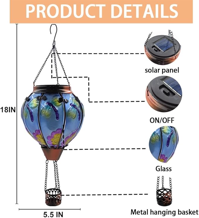 2PC Hot Air Balloon Solar Lantern with 2PC Shepherd Hook, Flickering Flame Hanging Solar Lanterns Outdoor Lights Waterproof Lanterns Decorative Garden Patio Yard Party Decor (Dragonfly) - Che Cose Belle