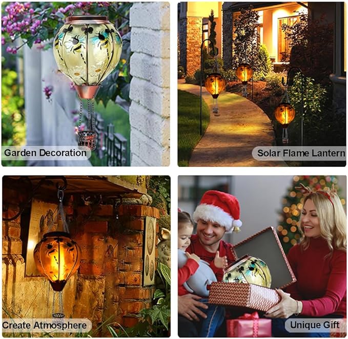 2PC Hot Air Balloon Solar Lantern with 2PC Shepherd Hook, Flickering Flame Hanging Solar Lanterns Outdoor Lights Waterproof Lanterns Decorative Garden Patio Yard Party Decor (Bees) - Che Cose Belle