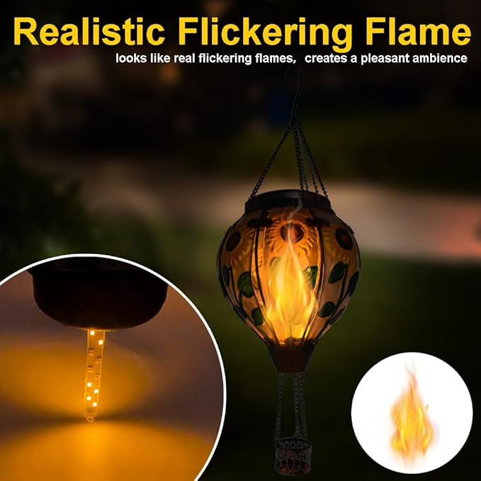 2PC Hot Air Balloon Solar Lantern with 2PC Shepherd Hook, Flickering Flame Hanging Solar Lanterns Outdoor Lights Waterproof Lanterns Decorative Garden Patio Yard Party Decor (Sunflower) - Che Cose Belle