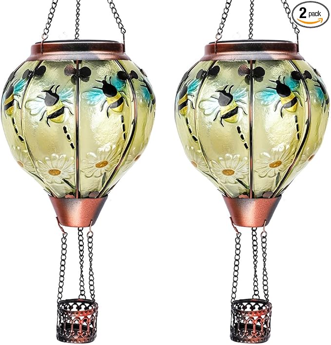 2PC Hot Air Balloon Solar Lantern with 2PC Shepherd Hook, Flickering Flame Hanging Solar Lanterns Outdoor Lights Waterproof Lanterns Decorative Garden Patio Yard Party Decor (Bees) - Che Cose Belle