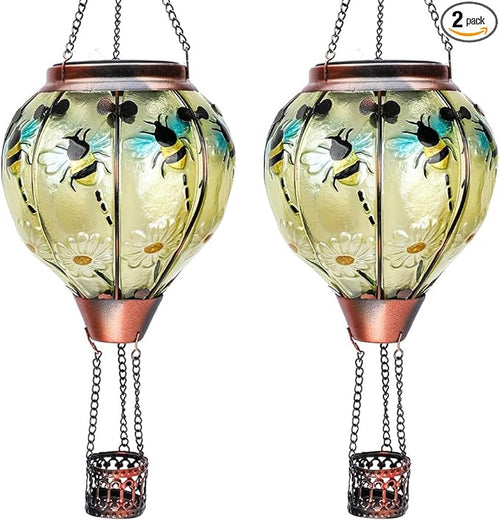 2PC Hot Air Balloon Solar Lantern with 2PC Shepherd Hook, Flickering Flame Hanging Solar Lanterns Outdoor Lights Waterproof Lanterns Decorative Garden Patio Yard Party Decor (Bees) - Che Cose Belle
