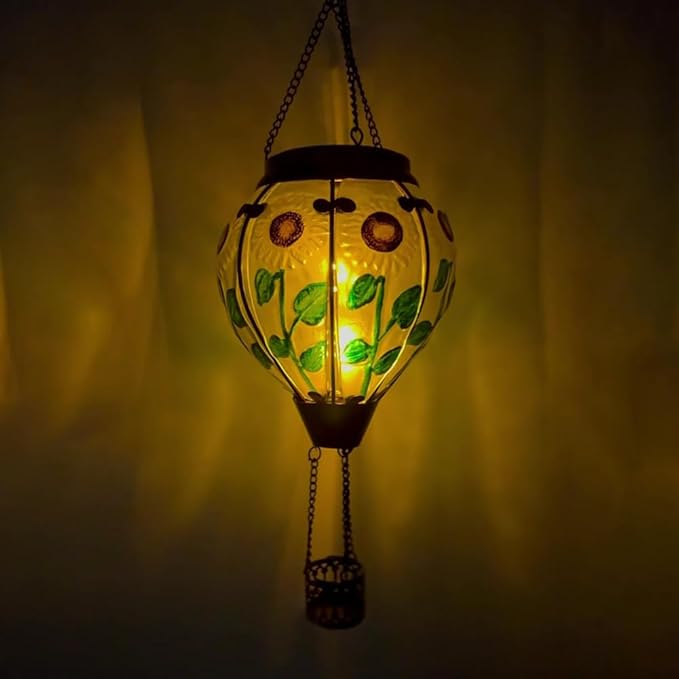 2PC Hot Air Balloon Solar Lantern with 2PC Shepherd Hook, Flickering Flame Hanging Solar Lanterns Outdoor Lights Waterproof Lanterns Decorative Garden Patio Yard Party Decor (Sunflower) - Che Cose Belle