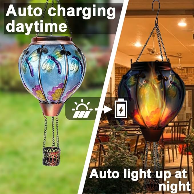 2PC Hot Air Balloon Solar Lantern with 2PC Shepherd Hook, Flickering Flame Hanging Solar Lanterns Outdoor Lights Waterproof Lanterns Decorative Garden Patio Yard Party Decor (Dragonfly) - Che Cose Belle