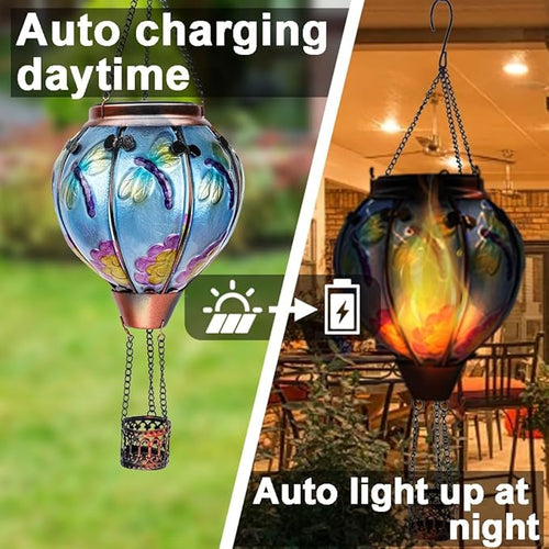 2PC Hot Air Balloon Solar Lantern with 2PC Shepherd Hook, Flickering Flame Hanging Solar Lanterns Outdoor Lights Waterproof Lanterns Decorative Garden Patio Yard Party Decor (Dragonfly) - Che Cose Belle