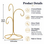 3-Arm 3-Tier Gold Brass Metal Ornament Stand Display 10.75 Inches (Taiwan) - Che Cose Belle