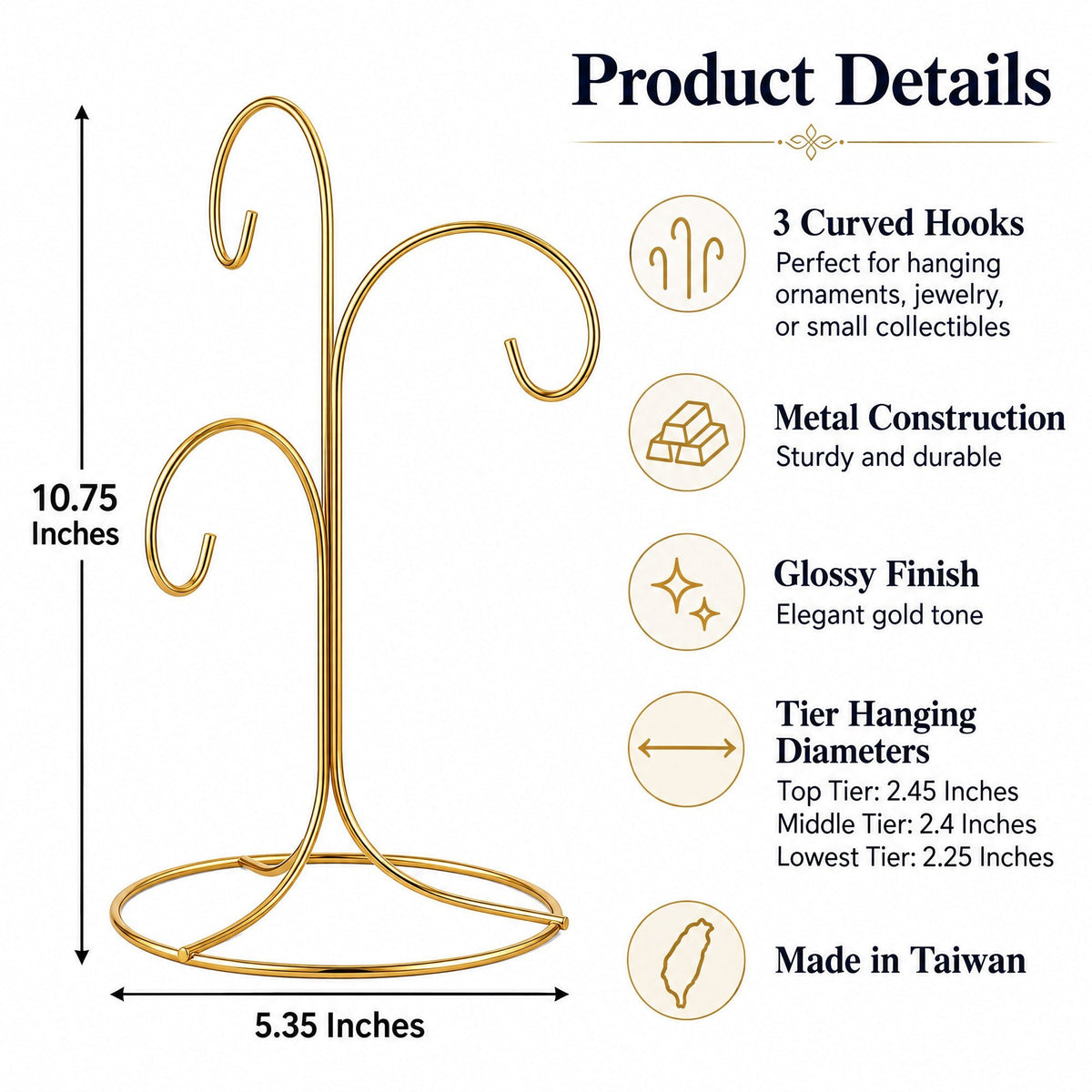 3-Arm 3-Tier Gold Brass Metal Ornament Stand Display 10.75 Inches (Taiwan) - Che Cose Belle