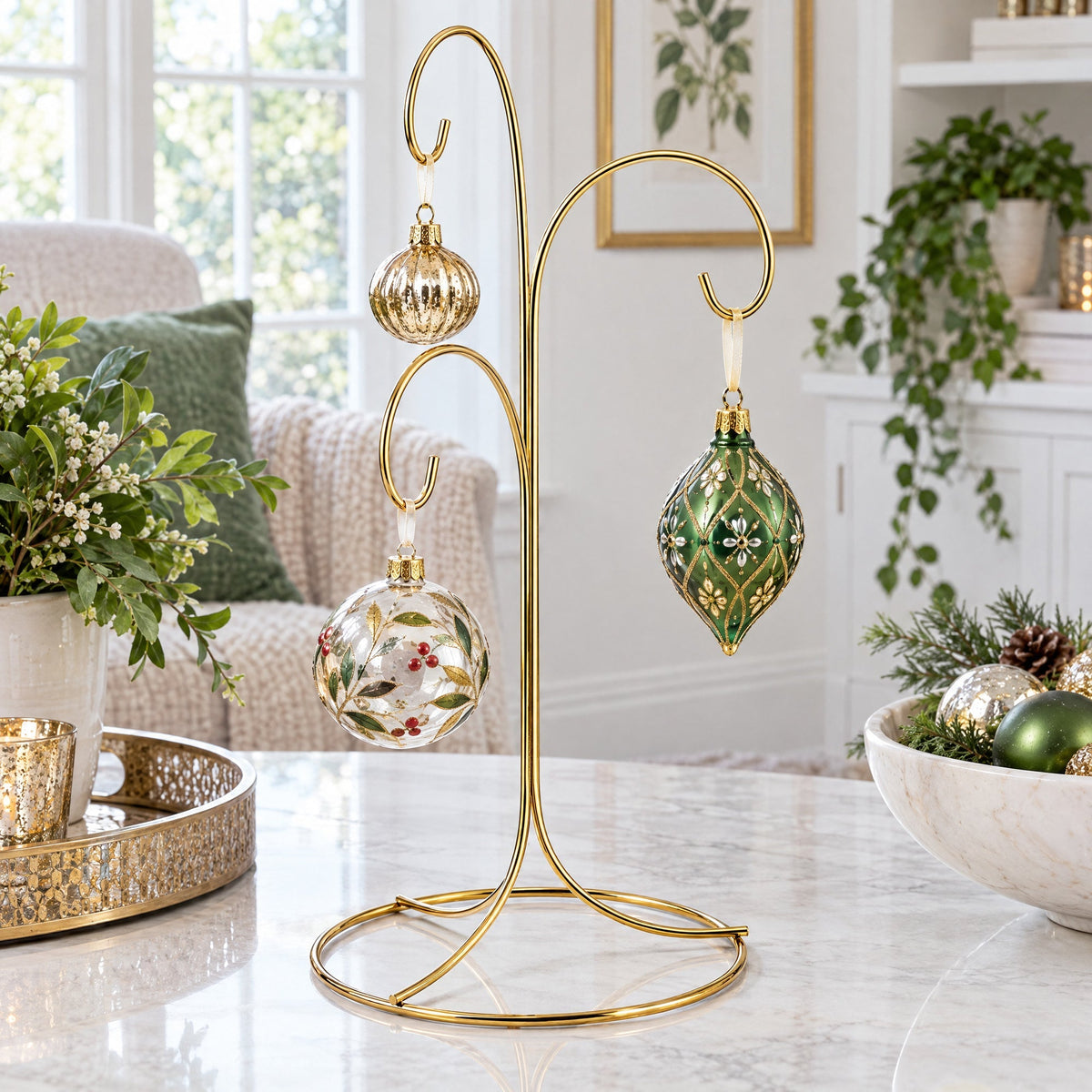 3-Arm 3-Tier Gold Brass Metal Ornament Stand Display 10.75 Inches (Taiwan) - Che Cose Belle