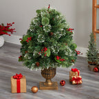 3' Holiday Pre-Lit Snow Tip Greenery, Berries and Pinecones Plant in Urn with 100 LED Lights - Che Cose Belle