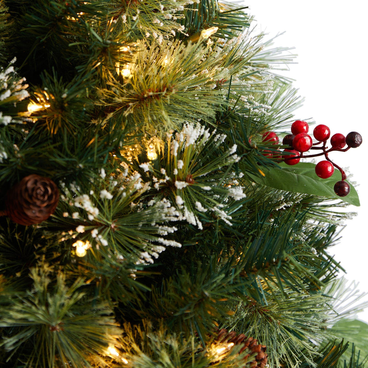 3' Holiday Pre-Lit Snow Tip Greenery, Berries and Pinecones Plant in Urn with 100 LED Lights - Che Cose Belle