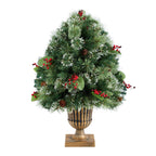 3' Holiday Pre-Lit Snow Tip Greenery, Berries and Pinecones Plant in Urn with 100 LED Lights - Che Cose Belle